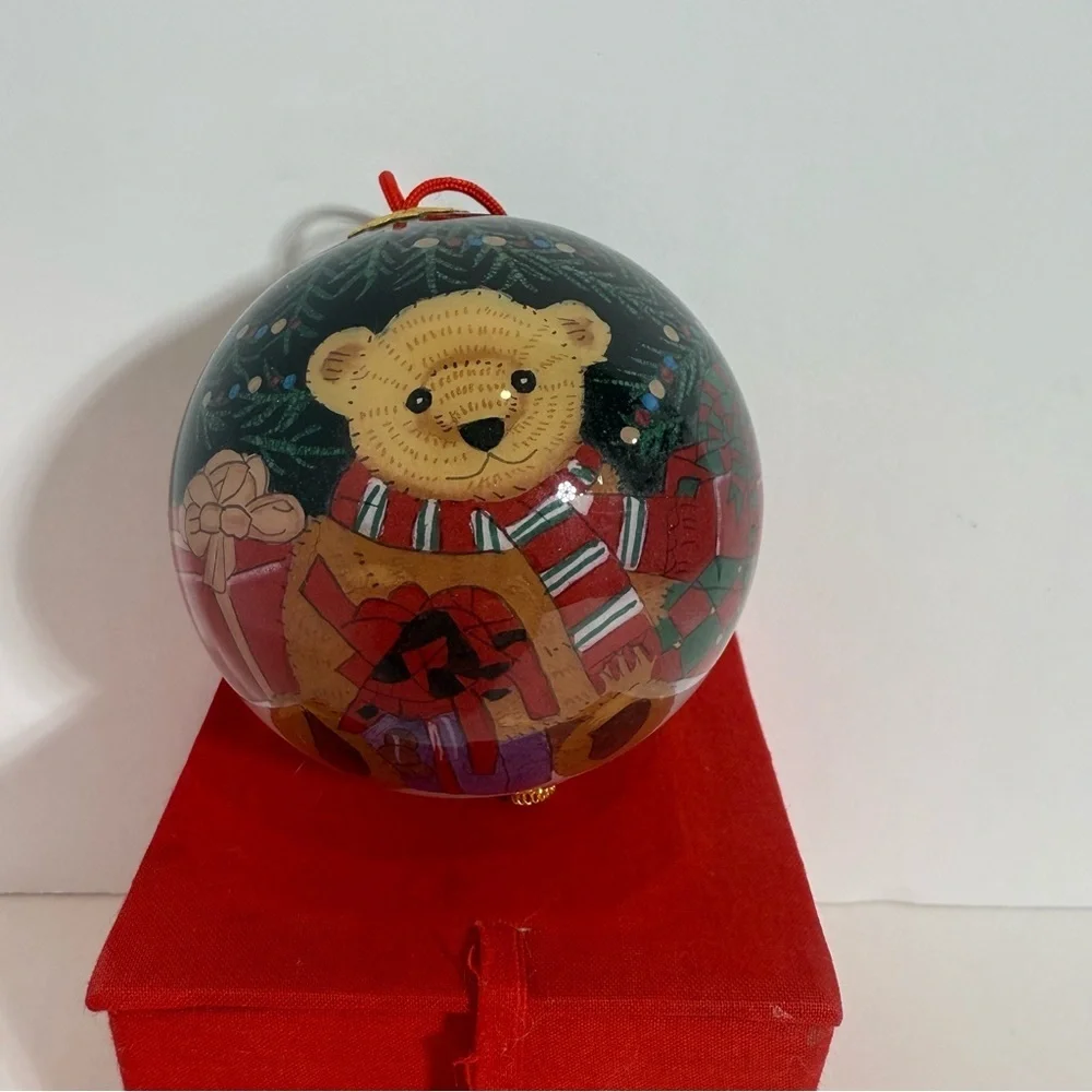 Christmas House Hand Painted Large Glass Ornament Teddy Bear Red Box